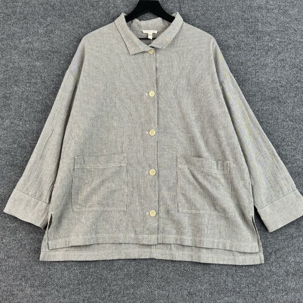 Eileen Fisher Jacket Womens M Black Stripe Organic Cotton Linen Chore Lagenlook